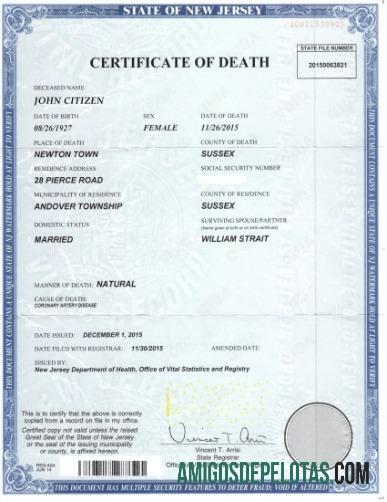 Certidão de Óbito do Departamento de Saúde dos EUA, Nova Jersey exemplo